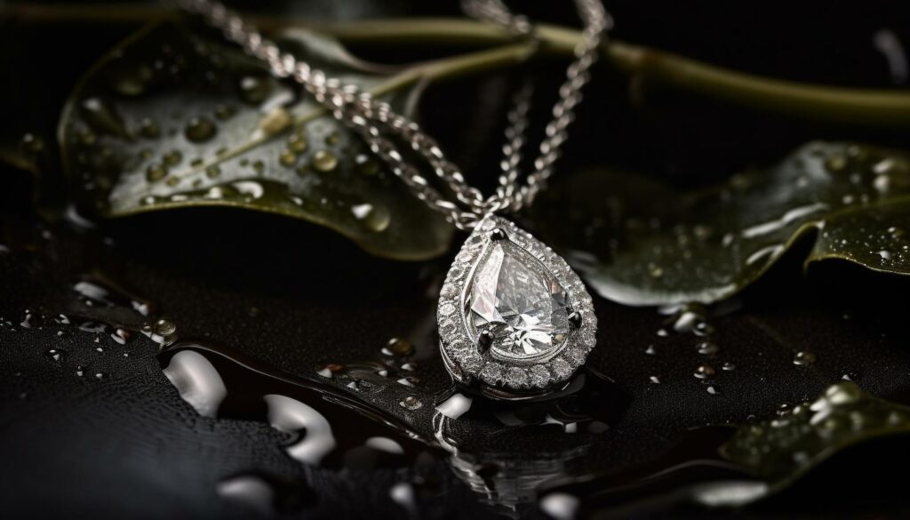 Teardrop diamond pendant necklace resting on wet dark leaves with water droplets