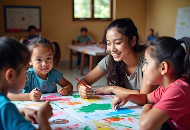 A teacher smiling while helping young children paint colorful pictures together at a classroom table.