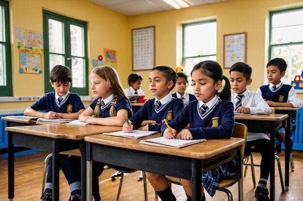 Students in school uniforms sitting at desks in a classroom, writing in notebooks during a lesson.