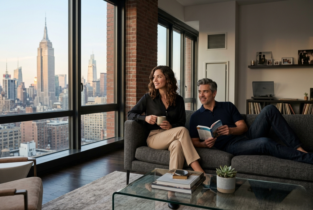 A couple relaxing in a modern apartment with a skyline view, enjoying coffee and reading on a comfortable sofa.