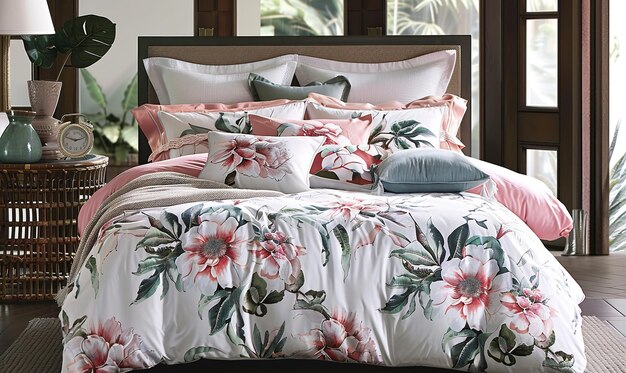 Elegant bed with white floral bedding, pink pillows, wooden headboard, and soft natural light creating a cozy bedroom look.