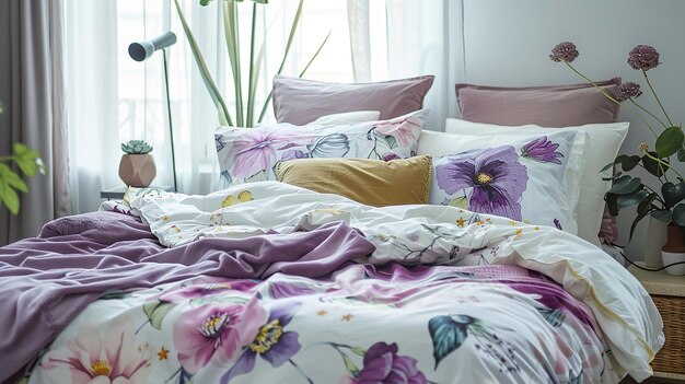 Cozy bed with purple floral bedding, pastel pillows, soft light through curtains, and plants creating a calm bedroom vibe.