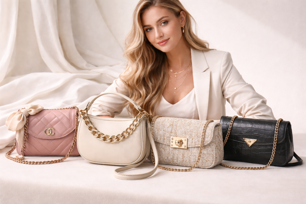 Elegant woman posing with stylish luxury handbags in neutral tones, showcasing modern fashion accessories.